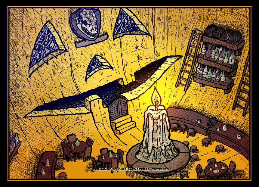 illustration of a tavern inside a Halloween pumpkin with a candle in the center where little tables and stools are organized around. The door is carved on the "mouth" of the pumpkin with the nose and eyes closed with glass to serve as windows. There is a gecko skull on the wall above the nose and shelves of liquor on the walls.