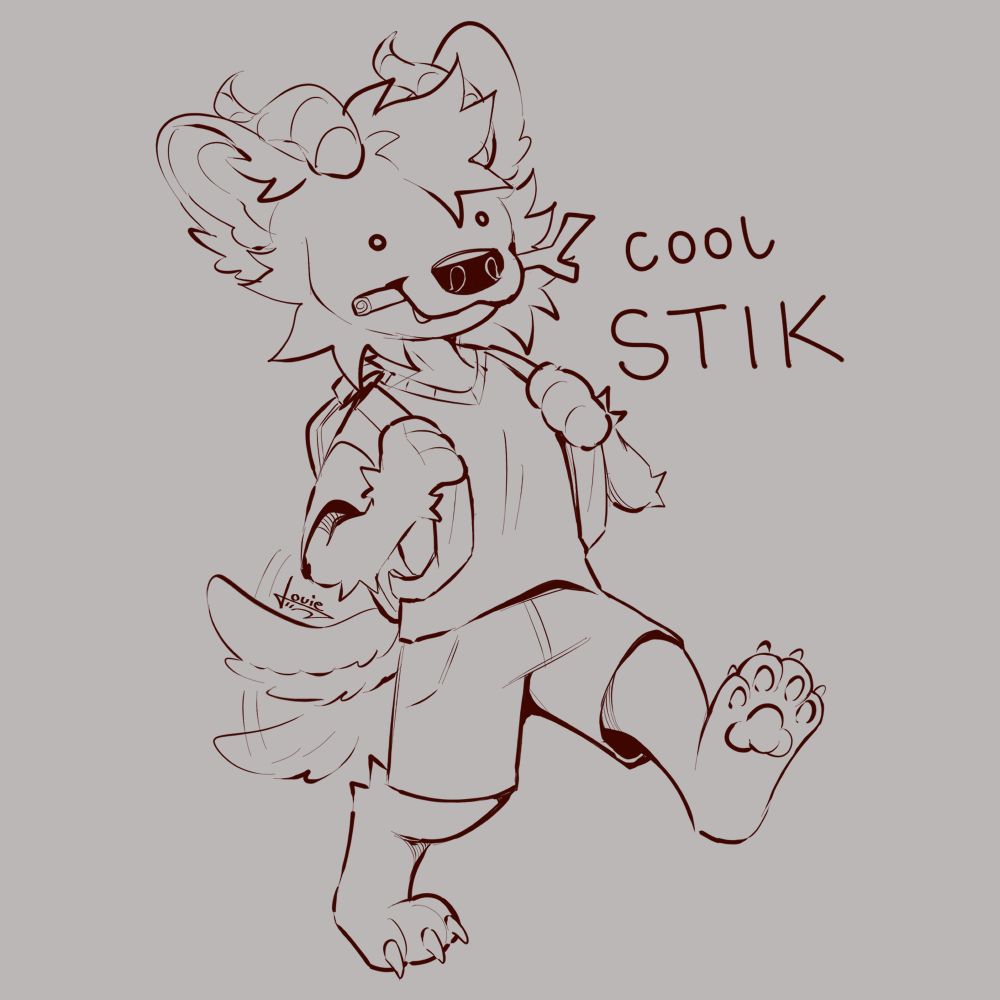 a cute wild dog with goat horns, happily walking carrying a backpack, a stick on their mouth and wagging their tail. 