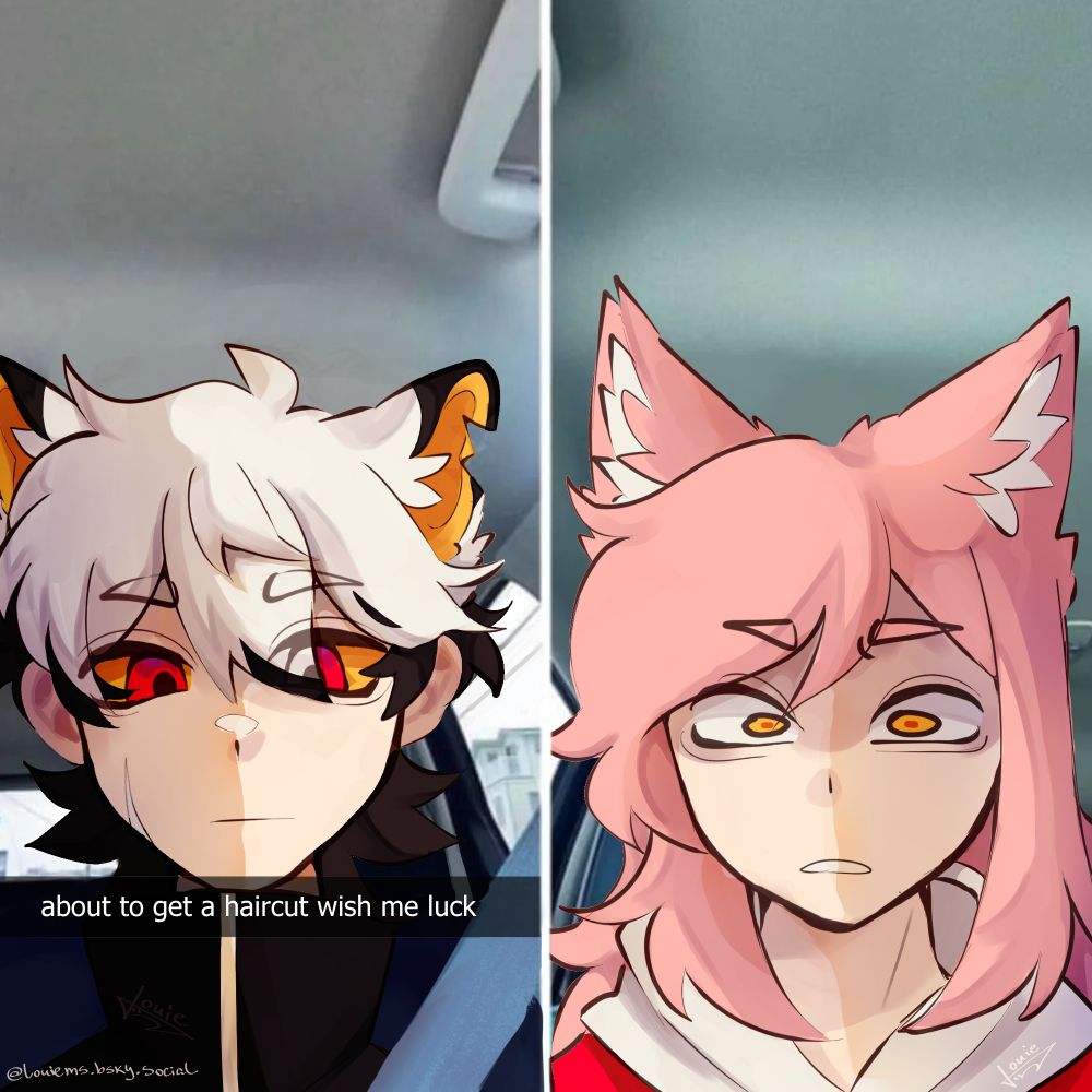 on the left is the current design of my oc Sinder, and in the right is their first design. The current one has black and white hair, red eyes and a scar on the cheek. The old design has long pink hair, yellow eyes and fluffy ears.