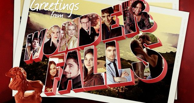 Image that is in postcard format from a pop-verse article from 2014 about my beloved show, Wonderfalls. The image reads Greetings from Wonderfalls