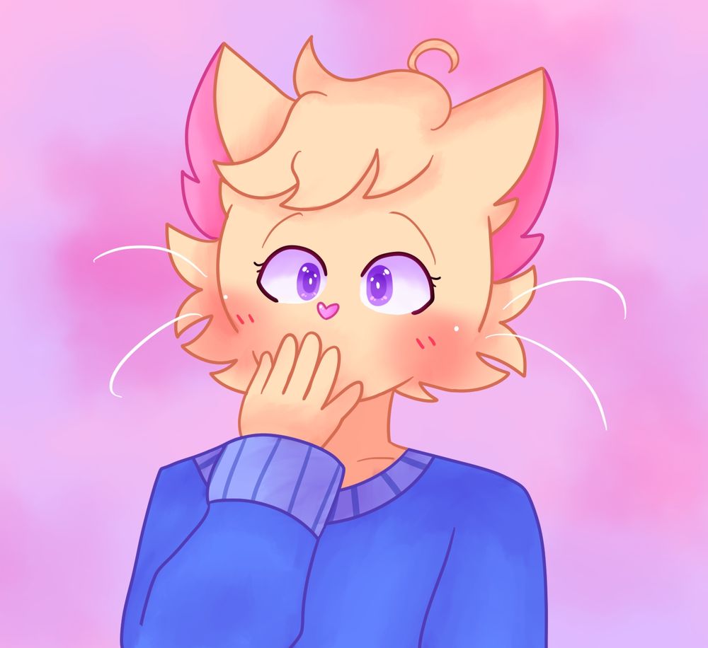 A rendered piece of Neko holding a paw over his mouth in slight surprise while blushing calmly, wearing a blue sweater 
