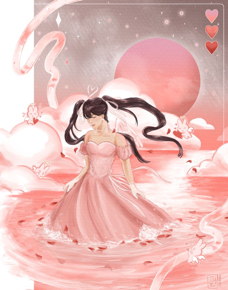 A friend's OC, named Eve, moves through pink colored water with red petals while surrounded by cute little angel bunnies. The background shows their version of Venus and the sky with stars.