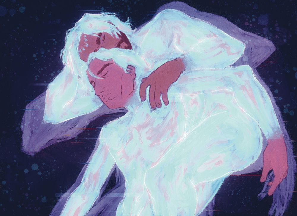 An illustration of the characters Jayce and Viktor from Arcane as they appear in the final episode of season 2. The two are lying on their sides with Jayce curled around Viktor from behind. Jayce has his face pressed to the top of Viktor’s head and has a hand brushing Viktor’s collarbone. Viktor has his arm reaching behind himself over Jayce’s waist.