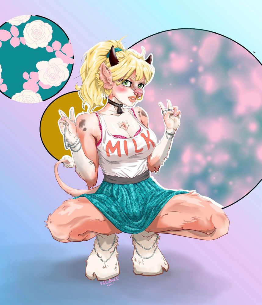 Bimbo furry cow girl squats in a skirt and tanktop that reads “milk” across her massive boobs. She’s holding up two peace signs and looking at the viewer with sultry eyes. 
