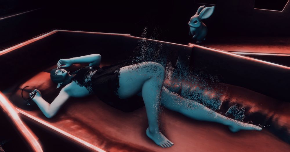 Female Elezen writhing in pain, holding a necklace in her hand. She is coming undone in particles and under the watchful eye of Bunbun