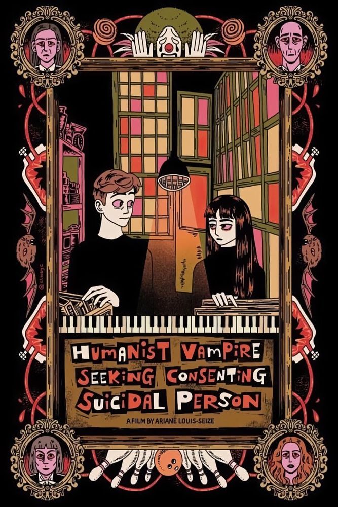A poster from the film Humanist Vampire Seeking Consenting Suicidal Person featuring illustration of a young man and woman. There are also blood bags, a piano, a bowling ball, and bowling pins.
