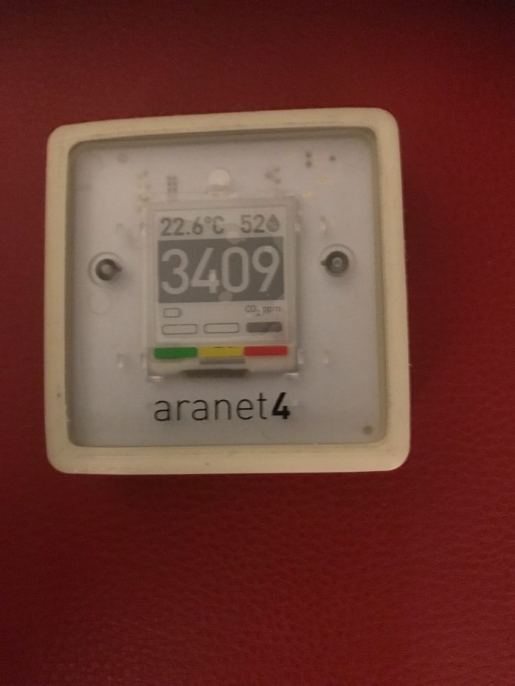 The picture shows an Aranet 4 CO2 Monitor. Levels are at 3409ppm