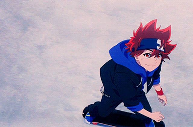 a boy with red hair is riding a skateboard