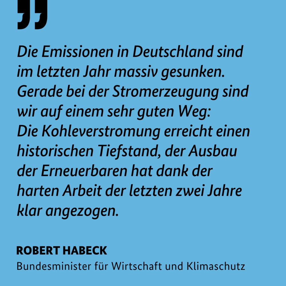 Zitat Bundesminister für Wirtschaft und Klimaschutz
Robert Habeck: 
Die Emissionen in Deutschland sind im letzten Jahr massiv gesunken. Gerade bei der Stromerzeugung sind wir auf einem sehr guten Weg: 
Die Kohleverstromung erreicht einen historischen Tiefstand, der Ausbau der Erneuerbaren hat dank der harten Arbeit der letzten zwei Jahre klar angezogen.