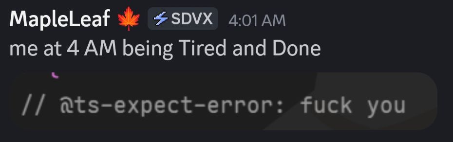 a discord message from Myself reading "me at 4 AM being Tired and Done" followed by an image of a code snippet which reads "// @ts-expect-error: fuck you" 