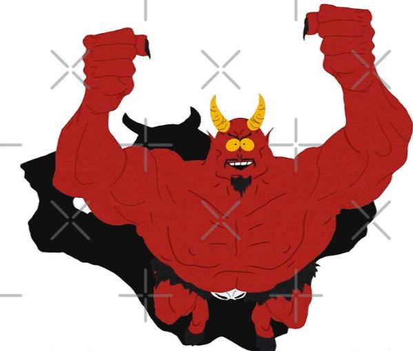 Cartoon photo of the devil raising his arms 