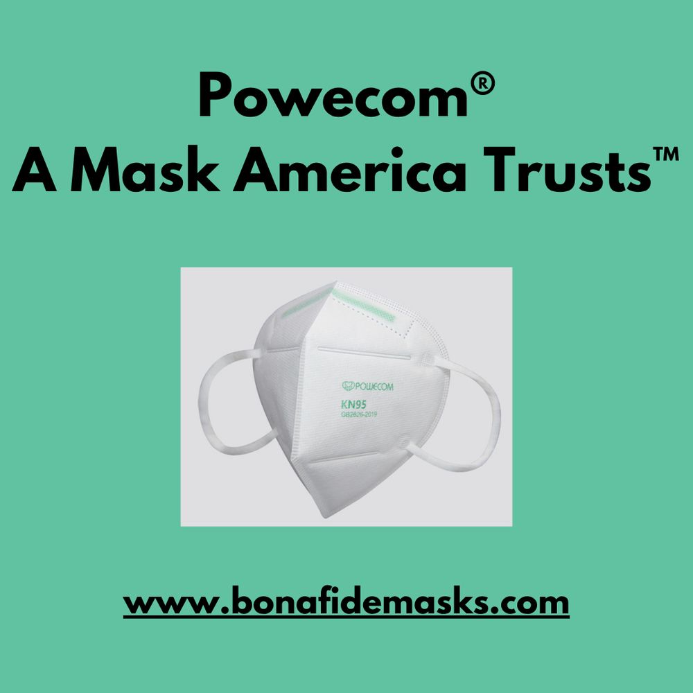 Powecom. A Mask America Trusts. A picture of a white Powecom KN95 masks and the link to our website.