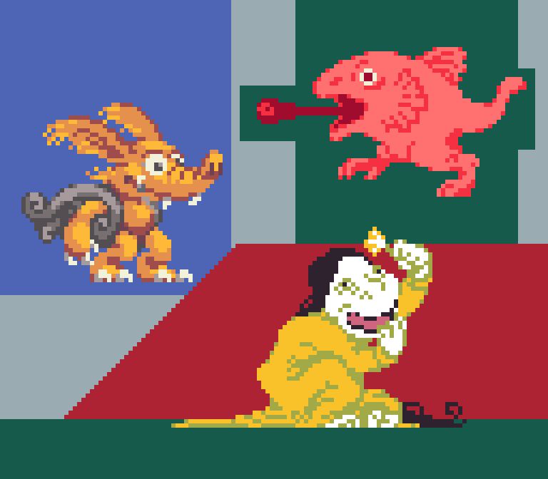 pixel art of 3 monsters: an aardvark-like monster with long ears, a pink lizard-fish creature with its tongue out, and a yellow-robed yokai woman figure.