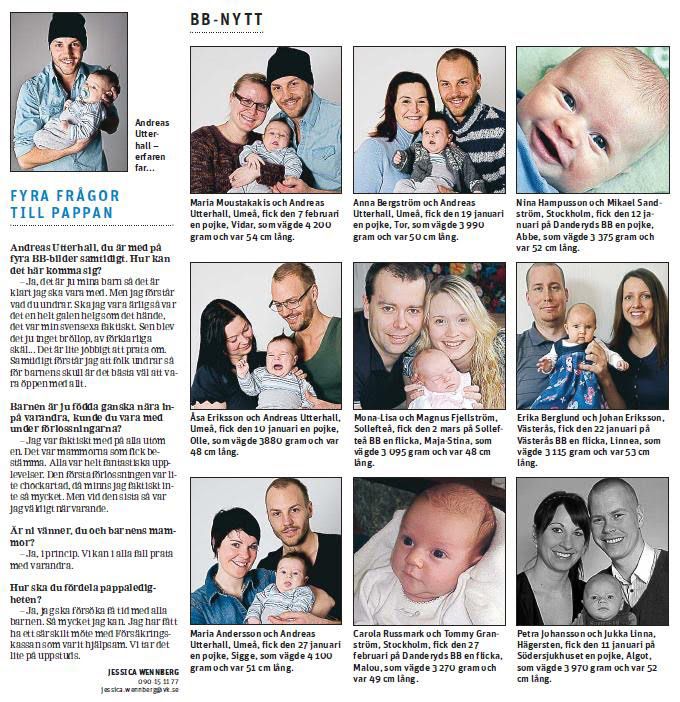 Nyfödda-sida i lokaltidning. Samma man är med som pappa fyra gånger.