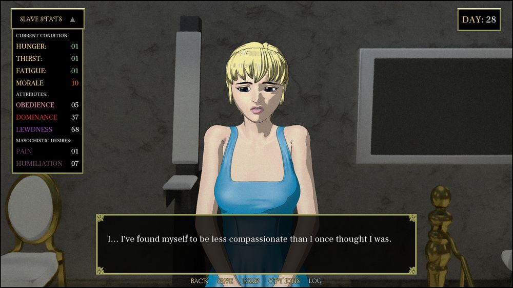 Game screenshot: A pensive young blonde woman muses about discovering that she has less empathy than she thought.