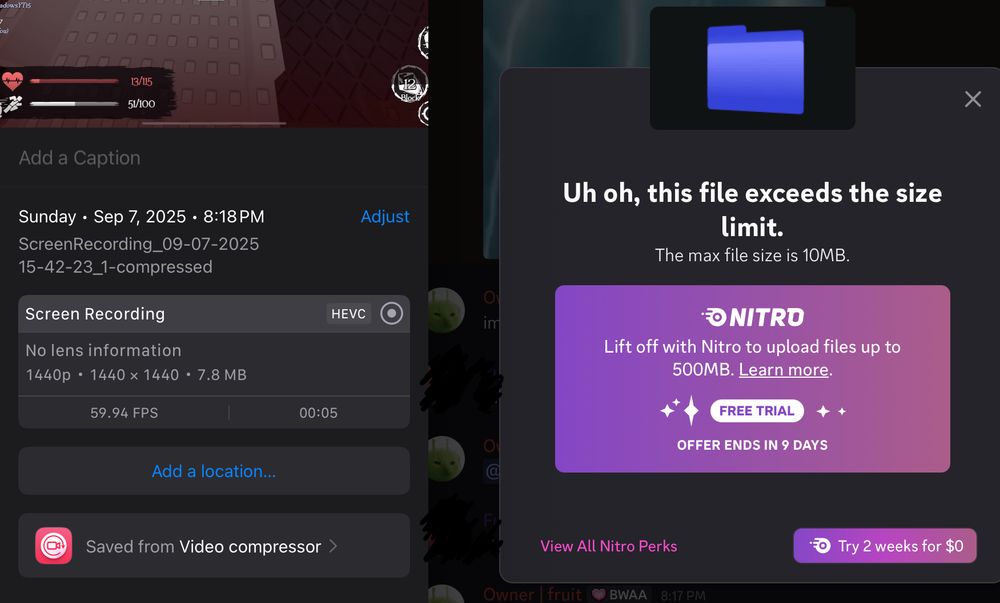 A Discord pop-up saying the uploaded file exceeds the size limit of 10 MB. On the left, the gallery app showing the same file's size being 7.8 MB, which is very well under 10 MB.