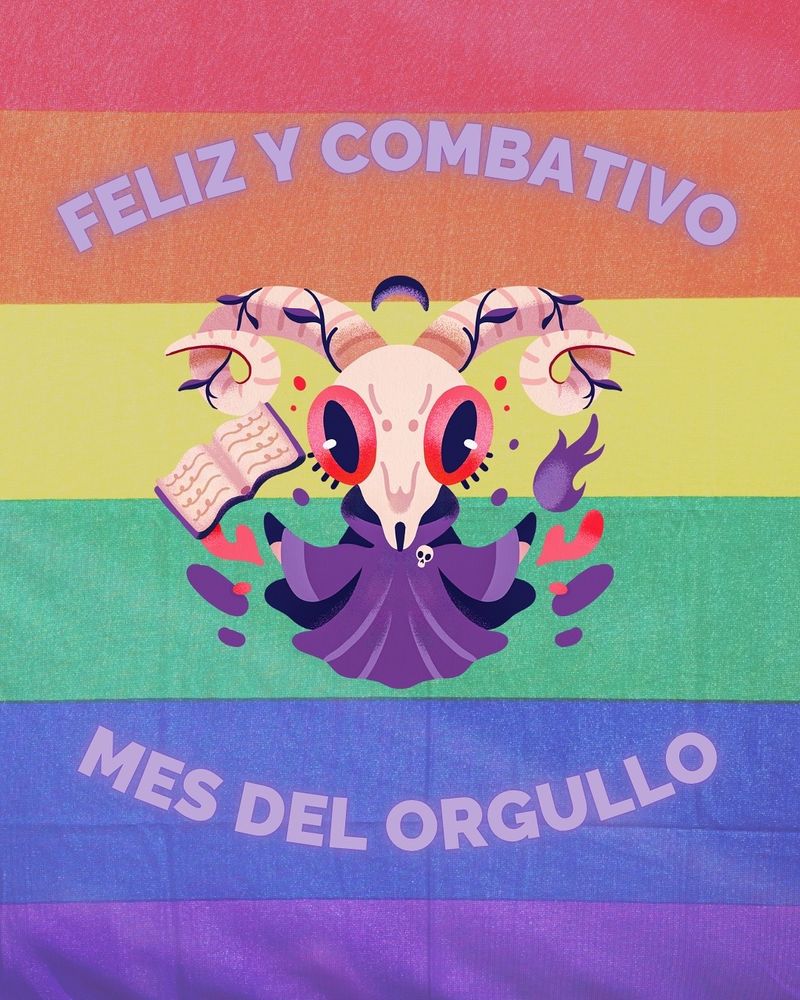 Fondo con la bandera LGTBI. Nuestro carnero mago y un mensaje: feliz y combativo mes del Orgullo.
