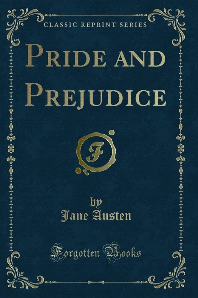 Book cover of Jane Austen's Pride ans Prejudice, with blue background and gold lettering.