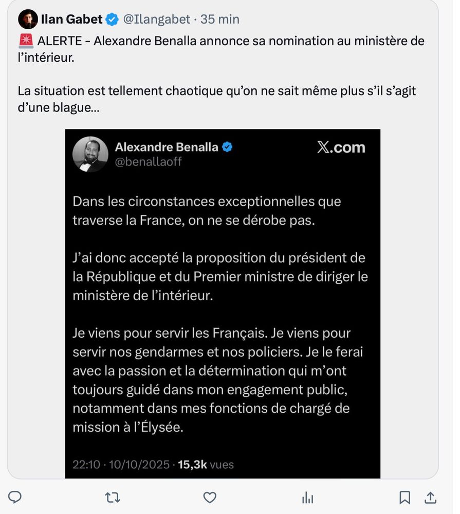 Ilan Gabet sur Twitter qui poste un screenshot d'Alexandre Benalla annonçant sa nomination en tant que Ministre de l'intérieur