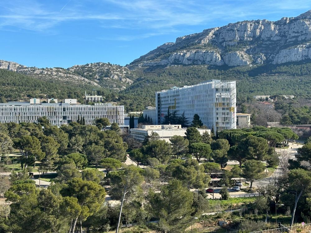 A global view of the Aix-Marseille University campus, with nature and small mountains in the background 