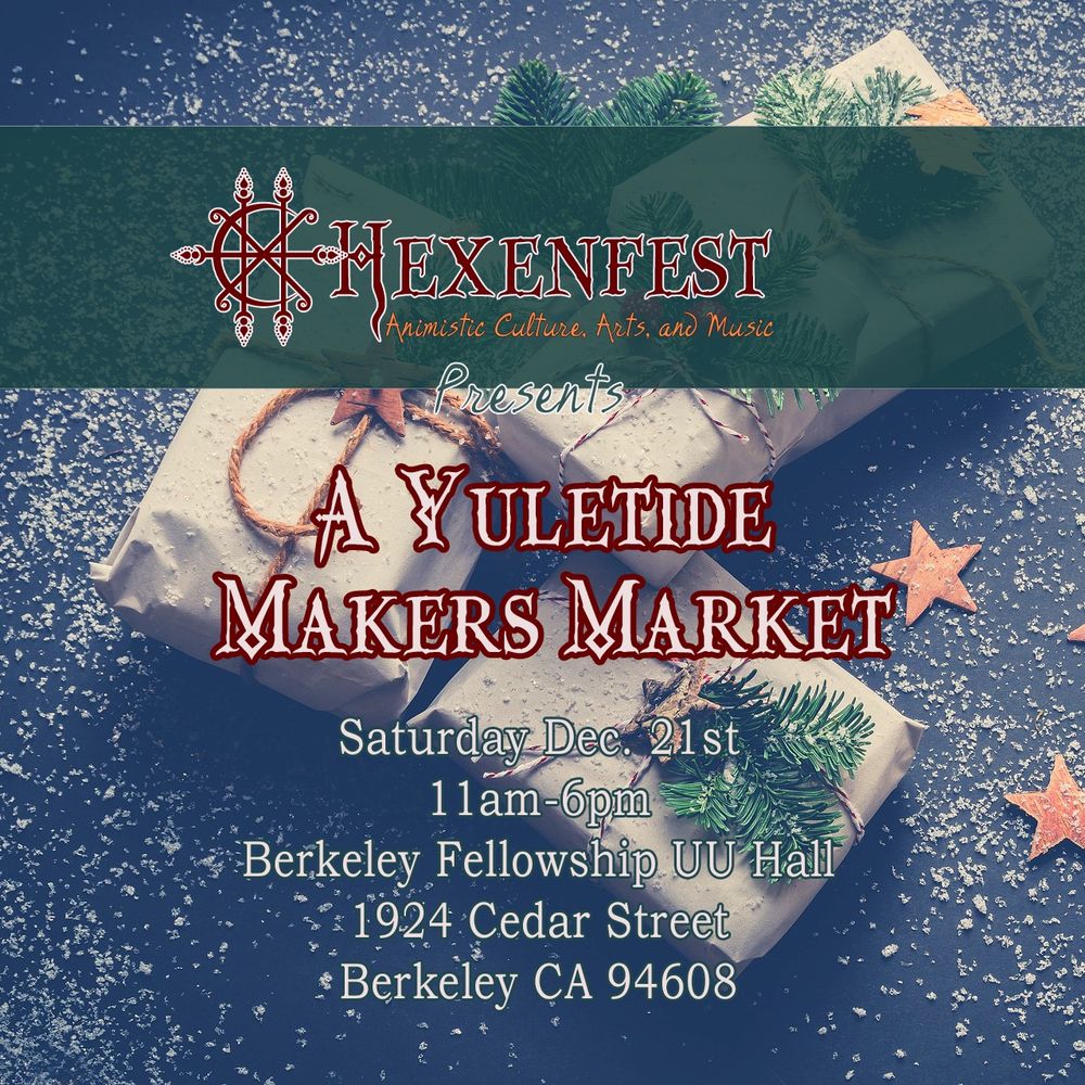 3 wrapped presents in an old world holiday theme, with pine sprigs, little stars and a show listed surface, with the address and time for the Yuletide Makers Market.