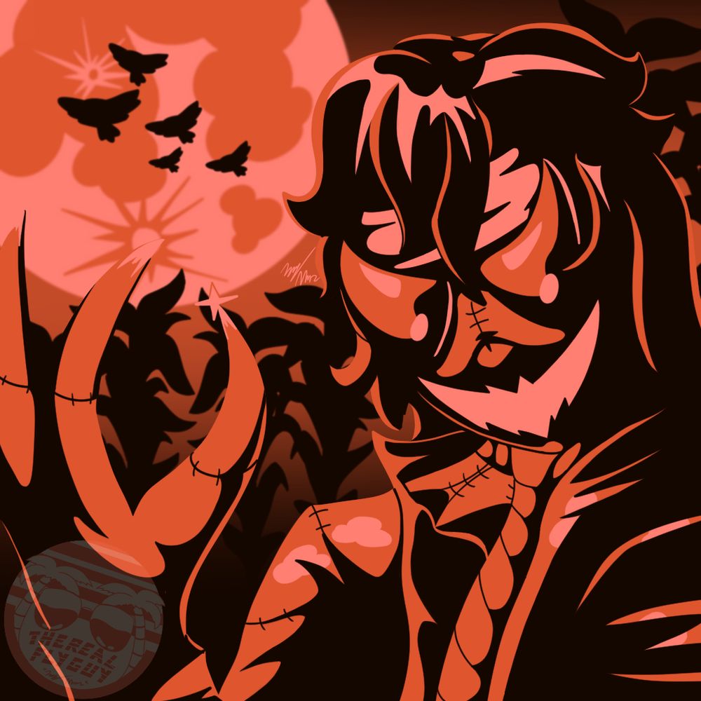 Gill dressed as a scarecrow in a mostly orange and black color palette