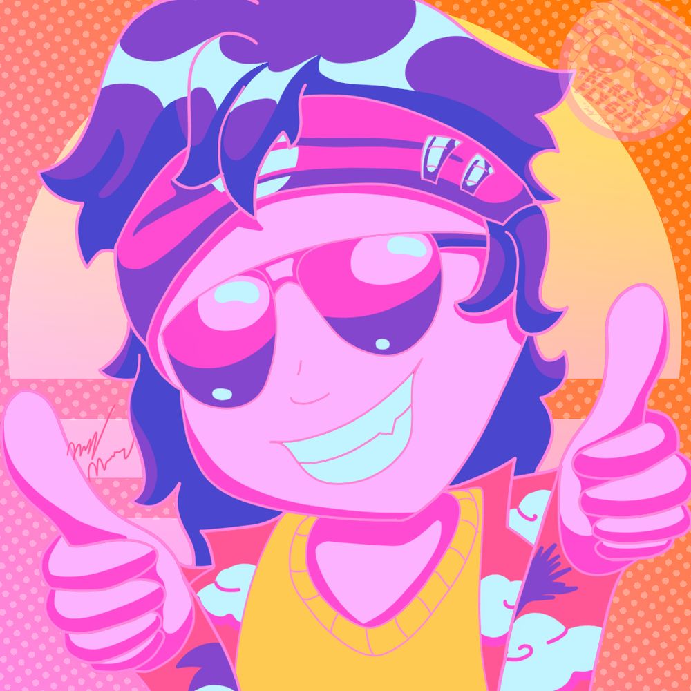 Gill in a pink and purple color scheme giving thumbs up