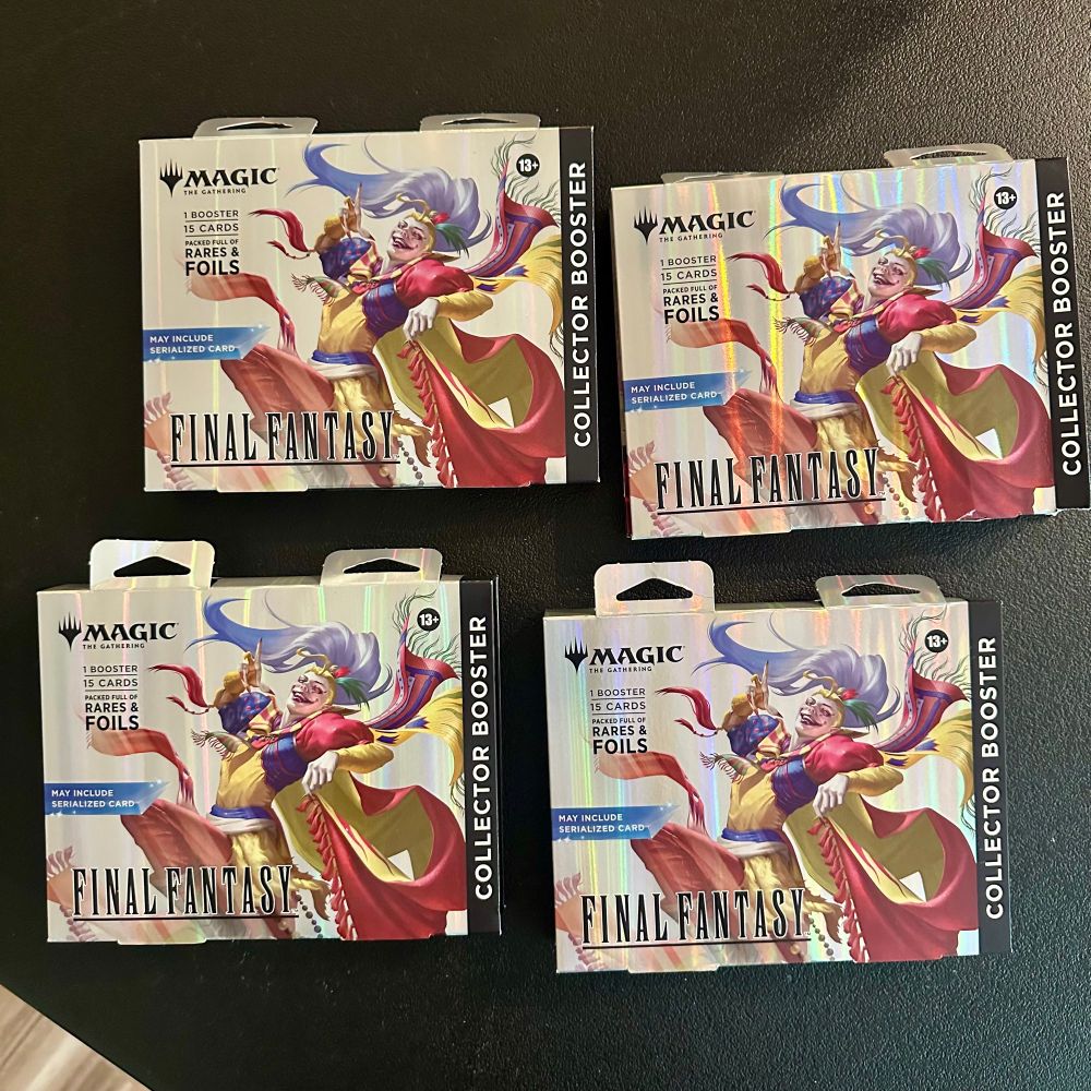 A picture showing four retail store versions of a Magic: The Gathering Final Fantasy collector booster. 