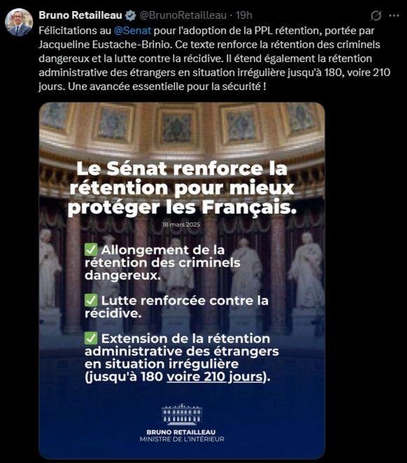 Capture d'écran du Twitter de Retailleau se vantant de cette PPL et mêlant une nouvelle fois délinquance et immigration (tout comme le RN quoi)