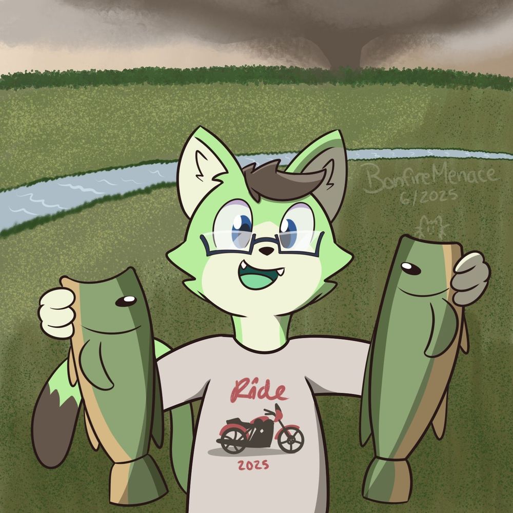 Bon is proudly showing off the fish he caught, seemingly undisturbed about a tornado off in the distance.