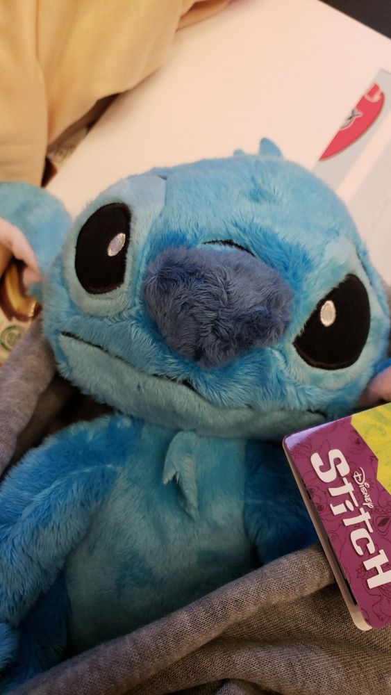 A plush Stitch is wrapped in some kind of grey fabric.  It is adorned with a purple and yellow ‘Disney Stitch’ label through one ear.
