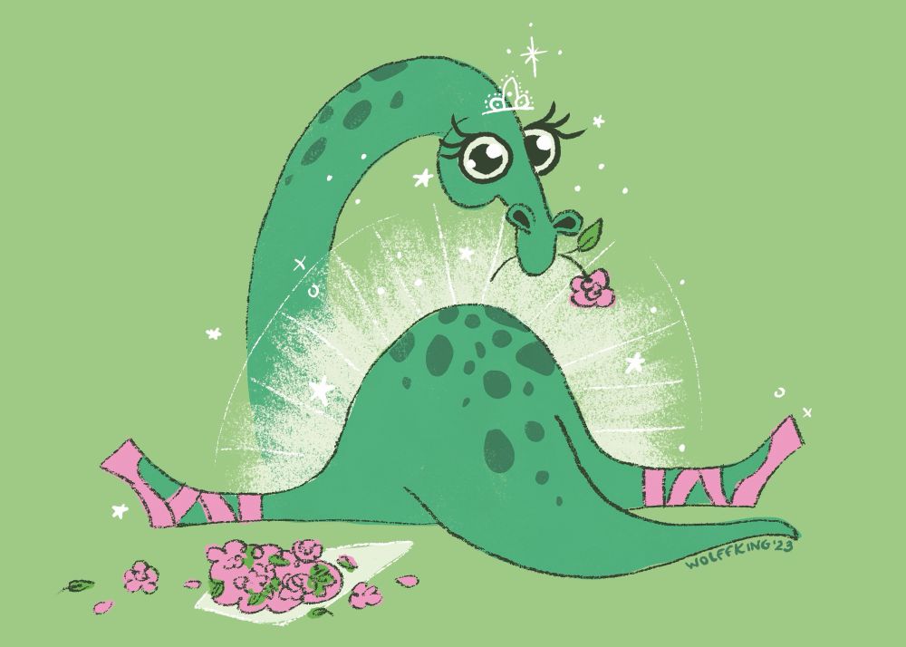A green brontosaurus does the splits in a sparkly tutu looks over her shoulder at the viewer with a pink rose in her mouth. A ravaged rose bouquet sits behind her.
