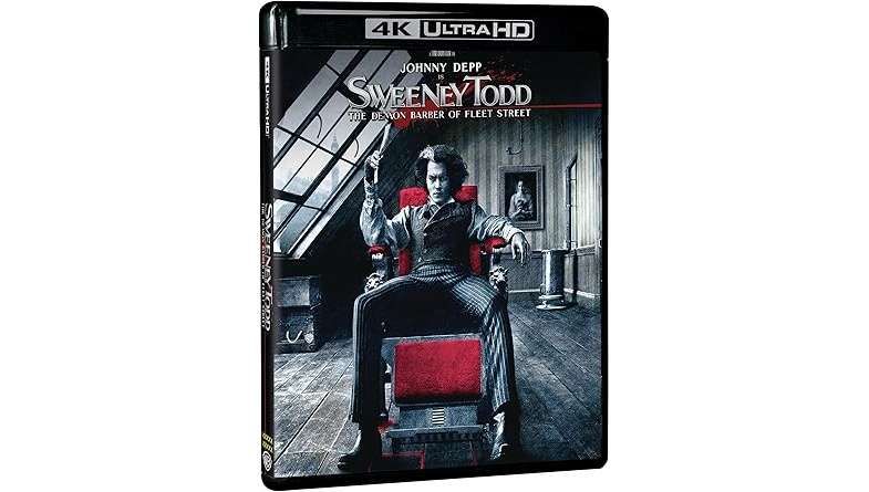 Image shows the cover of the 'Sweeney Todd: The Demon Barber of Fleet Street' 4K Blu-ray disc cover with Johnny Depp in character as Sweeney Todd sitting in a chair with a cutthroat razor in his hand.
