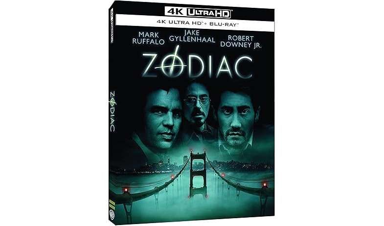 Image of the front cover of the Zodiac 4k Blu-ray Disc box which featureed close ups of Mark Ruffalo, Robert Downey Jr and Jake Gyllenhaal in character.