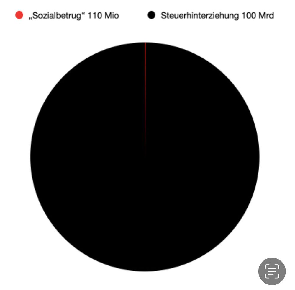 Schwarzer Kreis, oben ein kaum sichtbarer Strich, der 110 Millionen Schaden durch „sozialbetrug“ bedeutet. Der Rest steht für 100 Milliarden durch Steuerbetrug. 