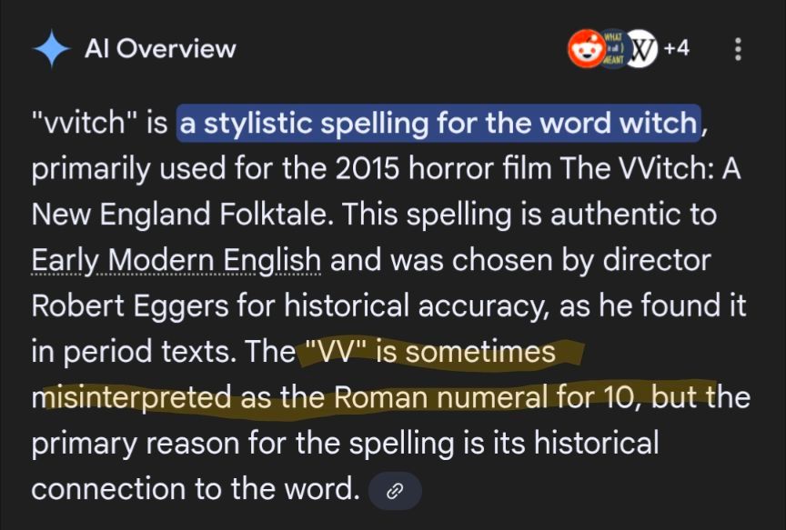 Google's AI overview explaining the incorrect fact that "VV is the roman numeral for 10" with the confidence only a billion dollar tech bro can have.
