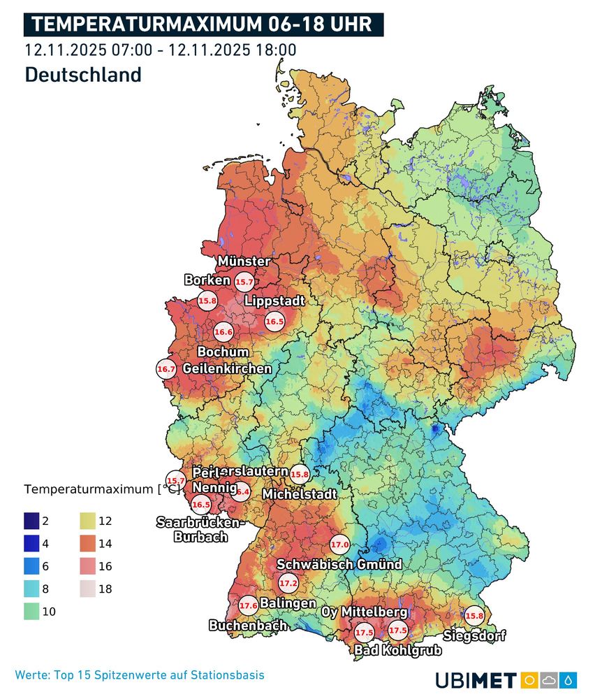 Höchstwerte am 12.11.2025 © DWD/UBIMET