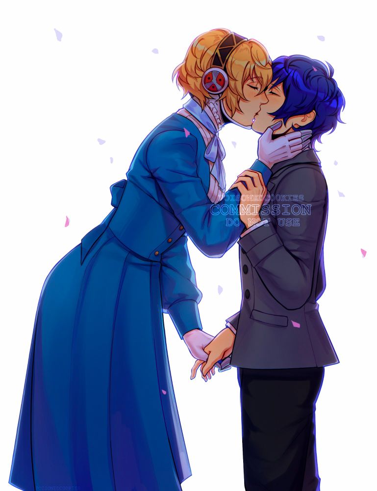 Aigis leaning to kiss Makoto, plain white background with some flower petals around them.