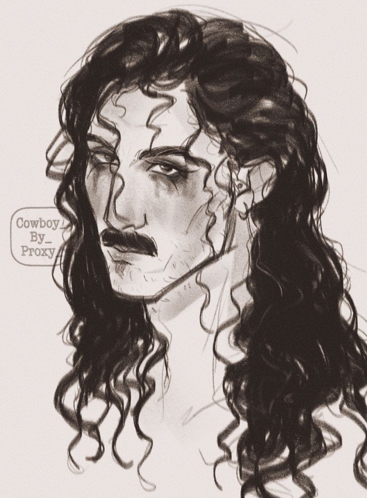 A character with a slim face an a mustache with lone wet curly hair