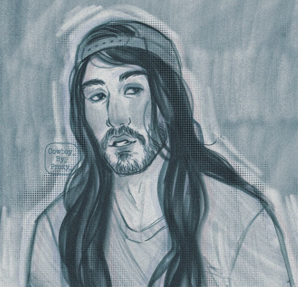 Sketch of the YouTuber Moist Critical aka Penguinz0 smiling an looking to the side while wearing a white shirt as always with a baseball cap on backwards.