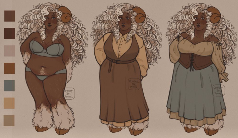 A reference sheet for my character Wynnlynn with three full body drawings all with different outfits.
