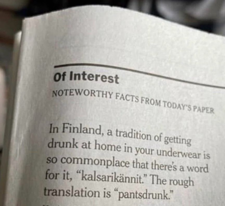 A picture of a page from a newspaper with the wording:

NOTEWORTHY FACTS FROM TODAY'S PAPER

In Finland, a tradition of getting drunk at home in your underwear is so commonplace that there's a word for it, "kalsarikännit." The rough translation is "pantsdrunk."