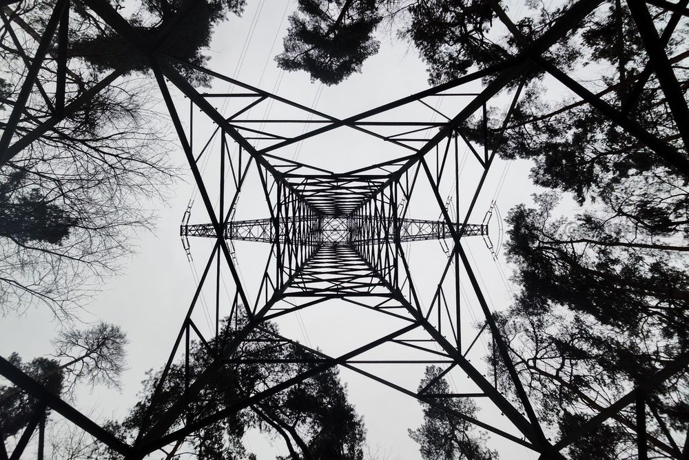 Abstracted black and white photograph of a pylon and its structure, taken from underneath the pylon, which creates a mandala like pattern. On the edges and corners of the frame are the black silhouettes of trees. The photo was taken against the grey and bleak sky. 