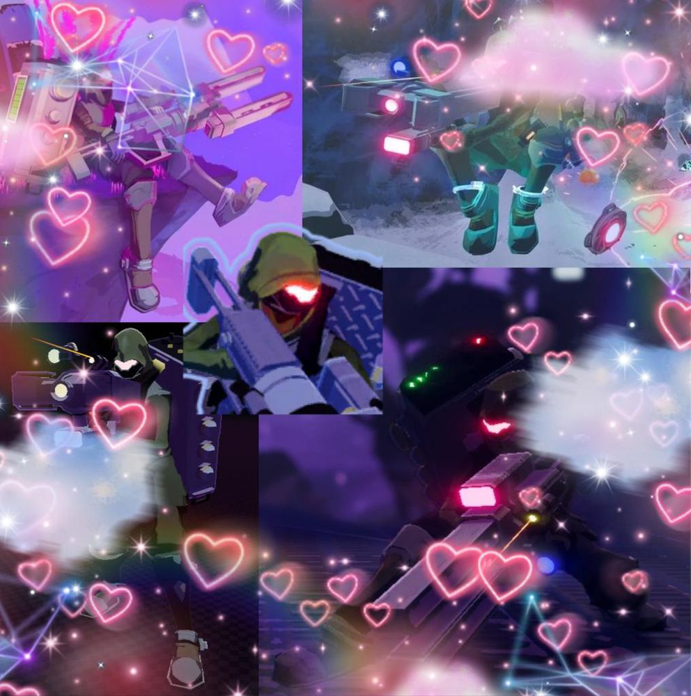 Multiple photos of Railgunner from Risk of Rain 2 with heart filters