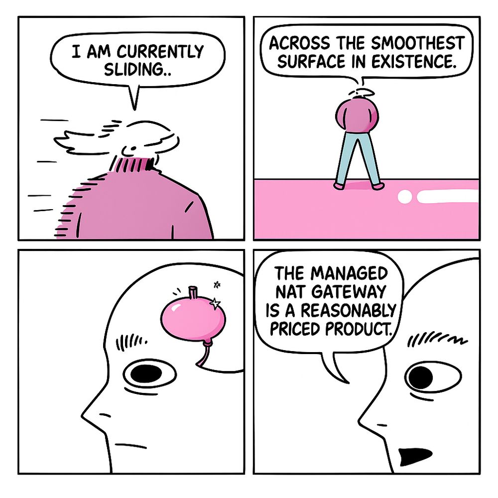 Four-panel comic strip showing a pink character with motion lines in first panel saying "I AM CURRENTLY SLIDING..", then standing on a pink surface in second panel declaring "ACROSS THE SMOOTHEST SURFACE IN EXISTENCE." Third panel reveals a close-up of a head outline with the pink character now tiny inside the brain. Fourth panel shows the head saying "THE MANAGED NAT GATEWAY IS A REASONABLY PRICED PRODUCT."