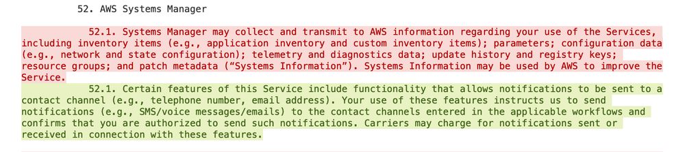 A diff showing that Systems Manager is no longer collecting customer data for improvement of the service. The replacement section 52.1 is just the old 52.2 section. 