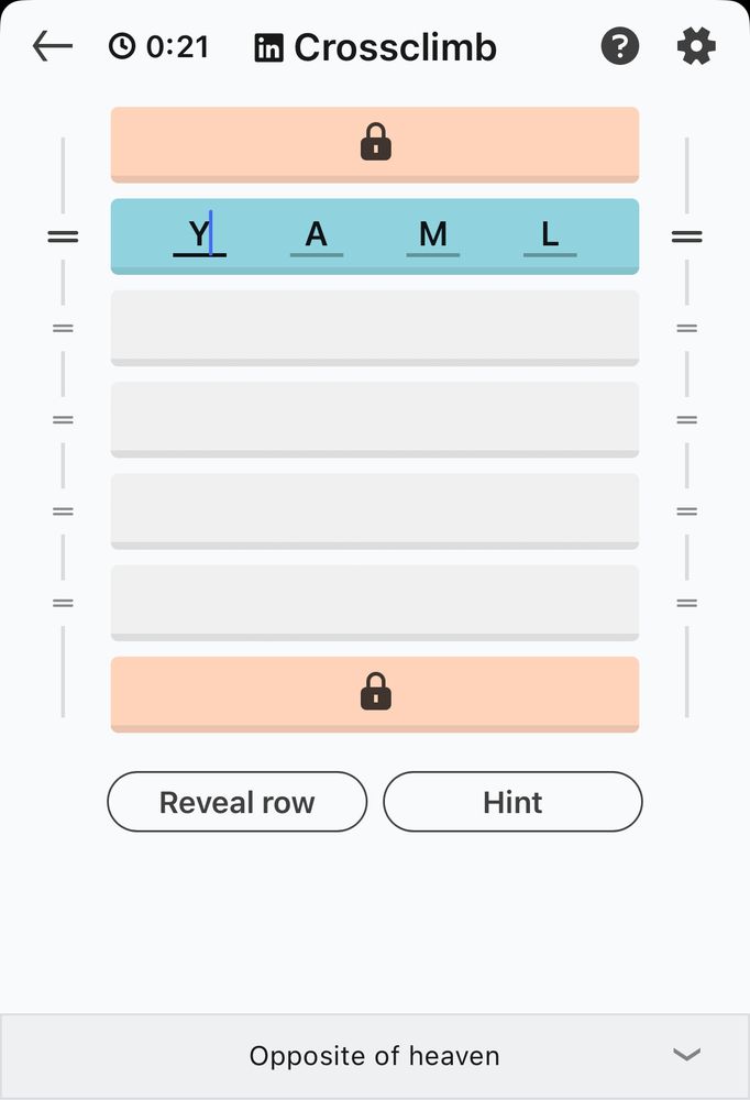 Screenshot of Crossclimb word puzzle game interface showing timer "0:21" at top. Blue navigation bar with letters "Y A M L" where "Y" is selected. Multiple locked rows with lock icons at top and bottom. Two buttons labeled "Reveal row" and "Hint" at bottom, with clue "Opposite of heaven" displayed.