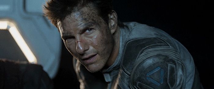 Zoom in shot of Tom Cruise in Oblivion (2013). He's saying 'fuck you Sally'
