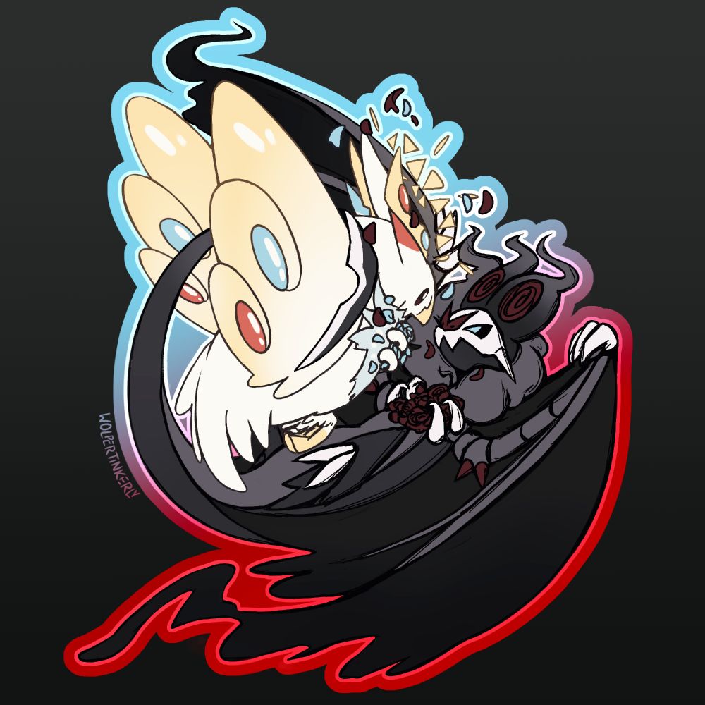 Digital artwork featuring a white and yellow Togekiss with small antlers resembling Xerneas and a grey and black noivern with a neck "fluff" resembling Yveltal together. They're depicted mid flight, with the Noivern's back turned to the ground, staring right up at the Togekiss. Its tail is curled around one of the Togekiss' wings.