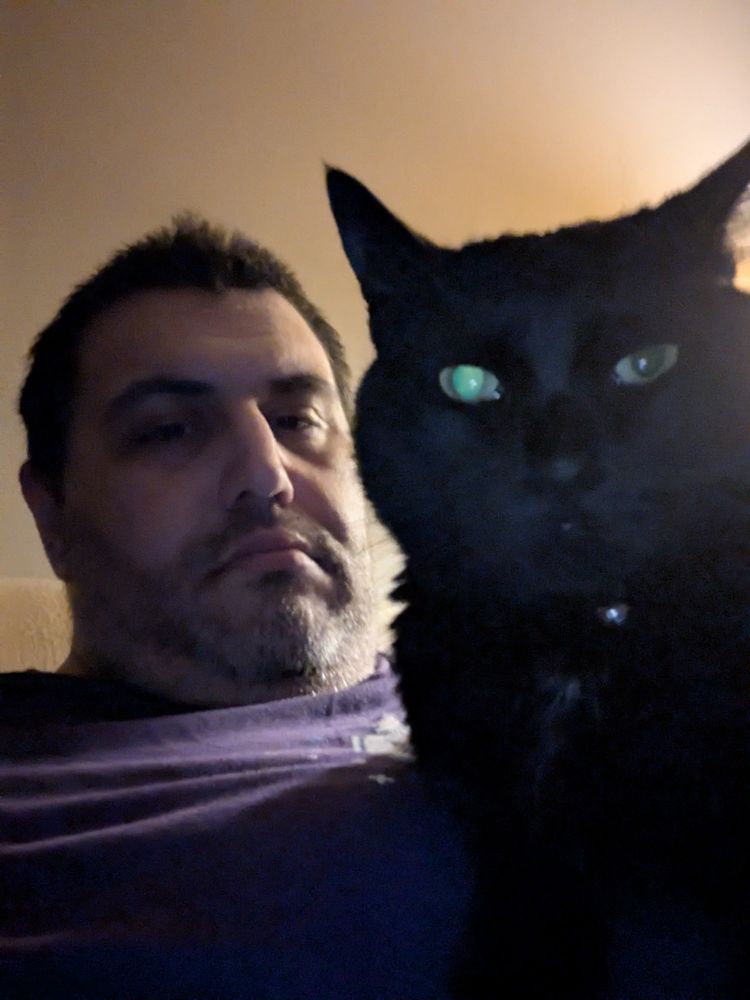 Me sitting back in a chair with my cat, Kaz, laying on my stomach and staring at the camera.